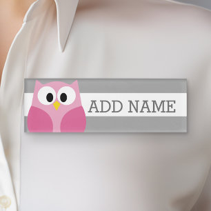 Niedlicher Cartoon Owl - Rosa und grauer Individue Namenschild