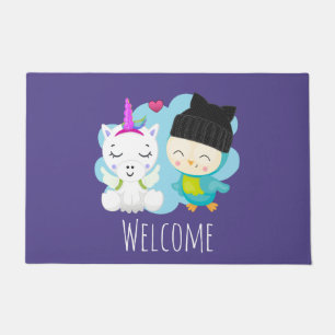 Niedlicher Cartoon Pals - Happy Unicorn & Bird Fußmatte