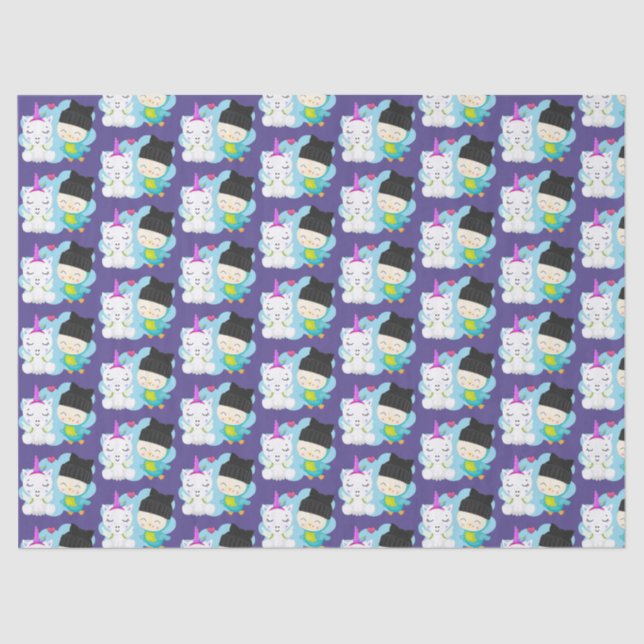 Niedlicher Cartoon Pals - Happy Unicorn & Bird Seidenpapier (Vorderseite)