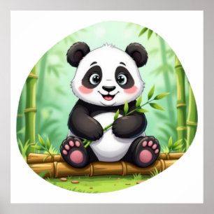 Niedlicher Cartoon-Panda auf Bambusfleck Poster