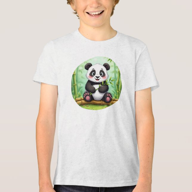 Niedlicher Cartoon-Panda auf Bambusfleck Tri-Blend Shirt (Vorderseite)