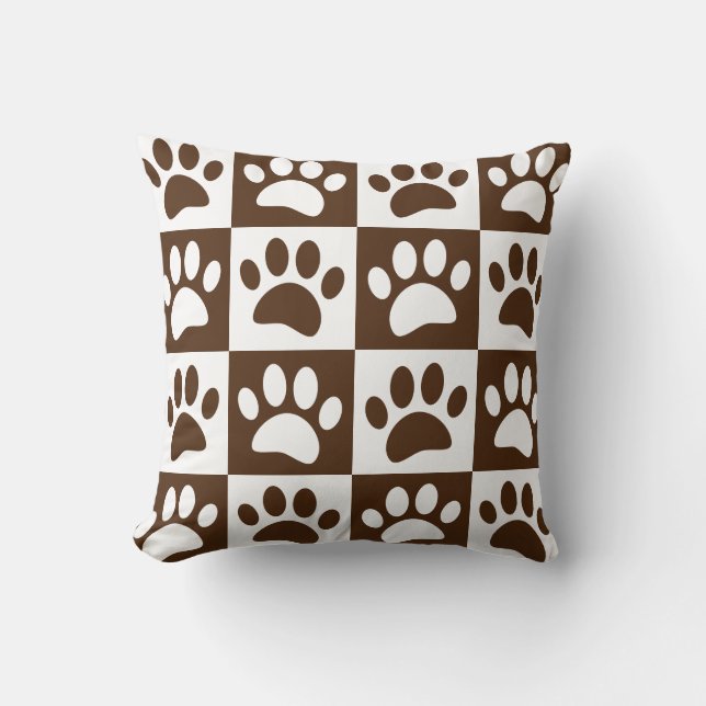 Niedlicher Cartoon Paw Prints Brown Checkerboard Kissen (Vorderseite)