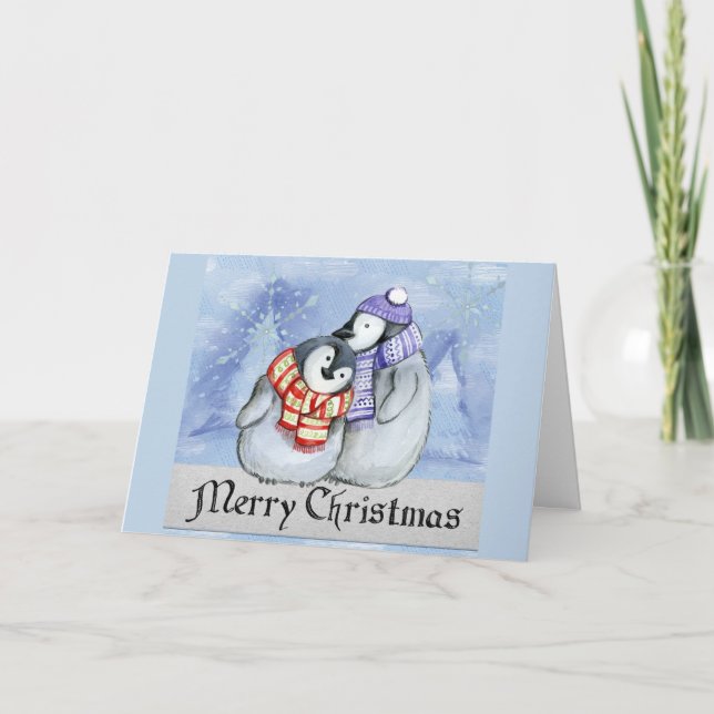 Niedlicher Cartoon Penguin Couple Frohe Weihnachts Karte (Vorderseite)