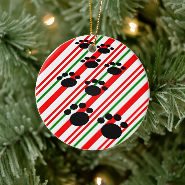 Niedlicher Cartoon Pet Paw Trail Candy Cane Keramik Ornament (Baum)