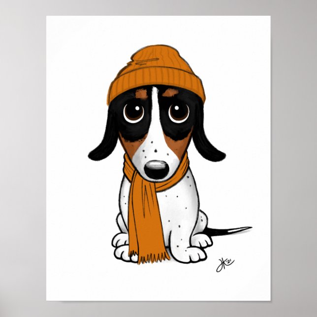 Niedlicher Cartoon Piebald Dackel mit Beanie Poster (Vorne)