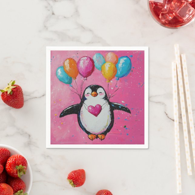 niedlicher Cartoon Pinguin mit Ballons Serviette (Beispiel)