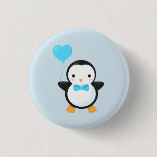 Niedlicher Cartoon Pinguin mit blauem Herzballon Button