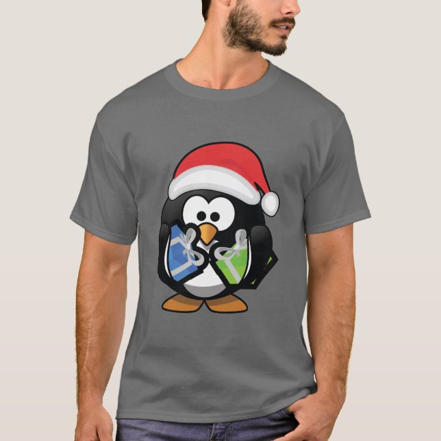 Niedlicher Cartoon Pinguin mit Geschenken T-Shirt (Vorderseite)