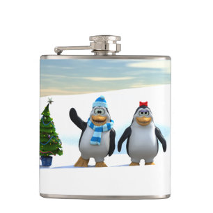 Niedlicher Cartoon Pinguin Pair mit Baum Flachmann