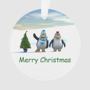 Niedlicher Cartoon Pinguin Pair mit Baum Ornament