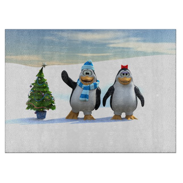 Niedlicher Cartoon Pinguin Pair mit Baum Schneidebrett (Vorderseite)