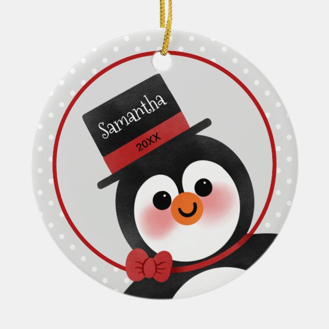 Niedlicher Cartoon Pinguin Personalisiert Name Fot Keramik Ornament (Vorne)