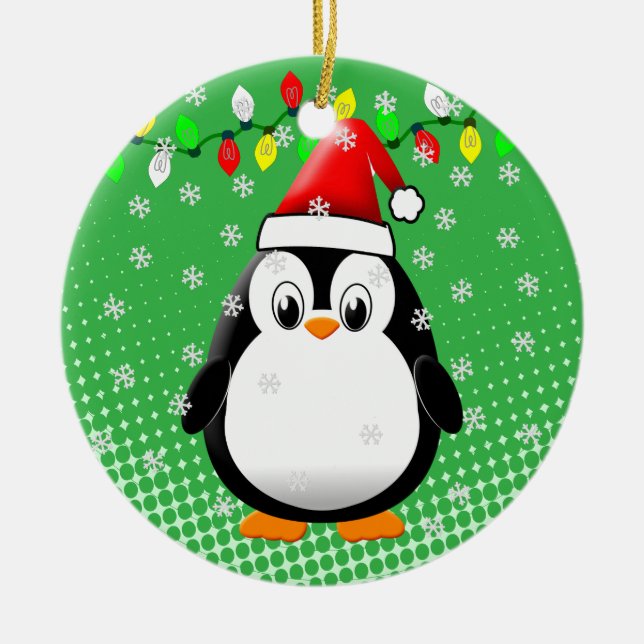 Niedlicher Cartoon Pinguin Weihnachtsmannmütze Wei Keramik Ornament (Vorne)