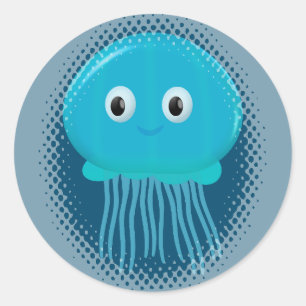 Niedlicher Cartoon Quallen im blauen Ozean Runder Aufkleber