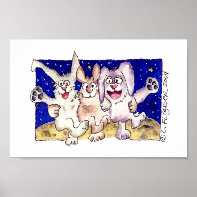 Niedlicher Cartoon Rabbits Moon Dancing Poster dru (Vorne)