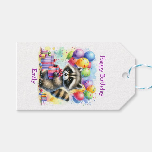 Niedlicher Cartoon Raccoon Geburtstag Personalisie Geschenkanhänger (Vorderseite (Horizontal))