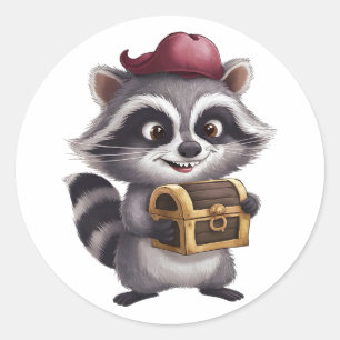 Niedlicher Cartoon Raccoon mit Pirate's Schatztruh Runder Aufkleber