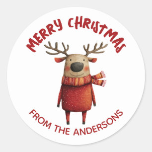 Niedlicher Cartoon Reindeer Frohe Weihnachten von Runder Aufkleber