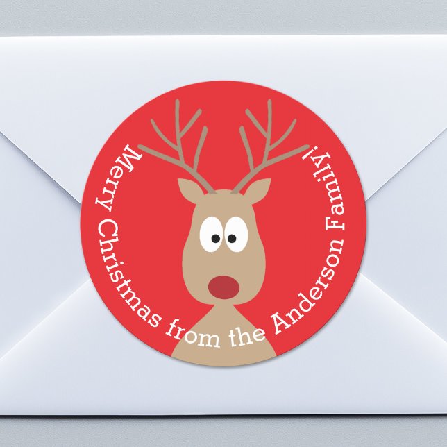 Niedlicher Cartoon Reindeer - Frohe Weihnachtsgrüß Runder Aufkleber (Custom Sticker for Party Favors or Envelopes)
