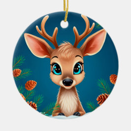 Niedlicher Cartoon-Rentier im Winter mit Pine Cone Keramik Ornament