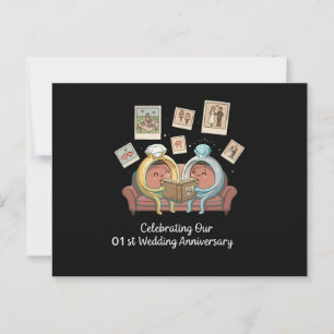 Niedlicher Cartoon Rings 1. Hochzeitstag Postkarte