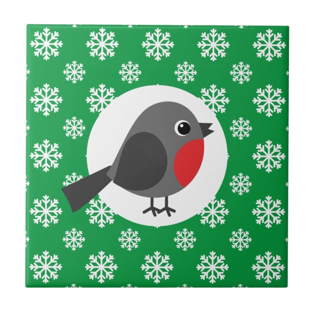 Niedlicher Cartoon Robin mit Schneeflocken Fliese (Vorderseite)