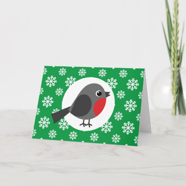 Niedlicher Cartoon Robin mit Schneeflocken Karte (Vorderseite)
