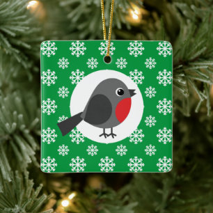 Niedlicher Cartoon Robin mit Schneeflocken Keramikornament