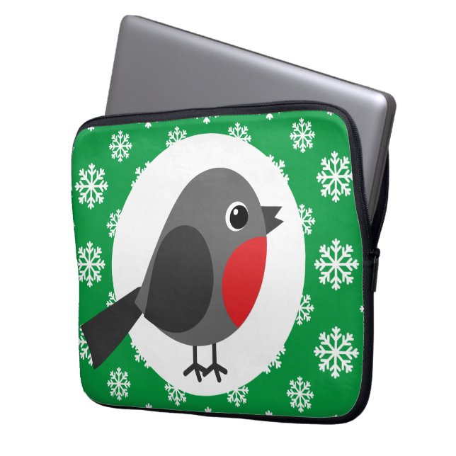 Niedlicher Cartoon Robin mit Schneeflocken Laptopschutzhülle (Vorderseite Links)