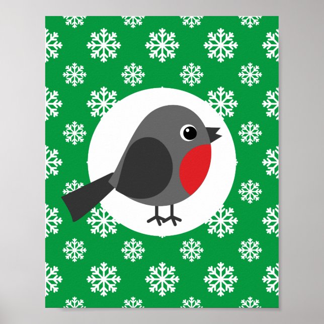 Niedlicher Cartoon Robin mit Schneeflocken Poster (Vorne)