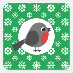Niedlicher Cartoon Robin mit Schneeflocken Quadratischer Aufkleber