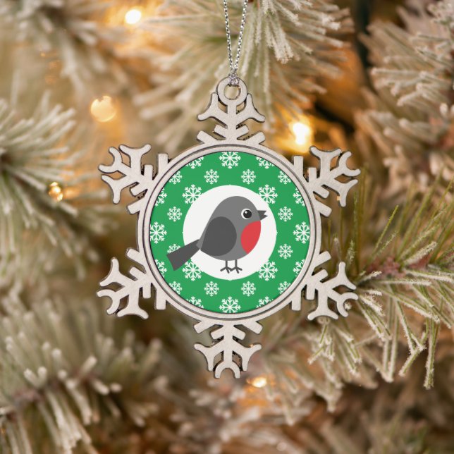 Niedlicher Cartoon Robin mit Schneeflocken Schneeflocken Zinn-Ornament (Baum)