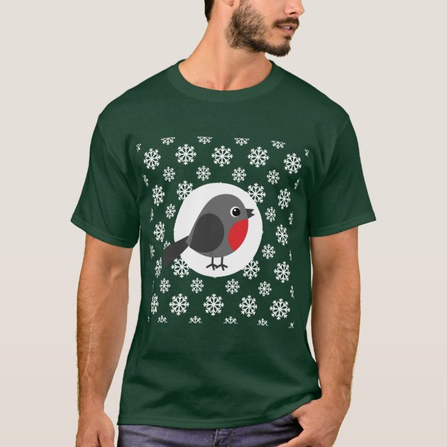Niedlicher Cartoon Robin mit Schneeflocken T-Shirt (Vorderseite)