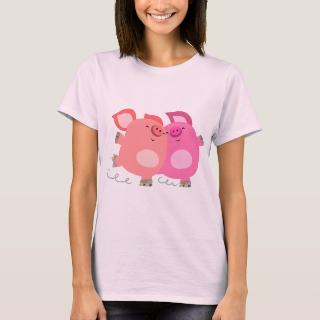 Niedlicher Cartoon Roller-Skaten Schweine Frauen T T-Shirt (Vorderseite)