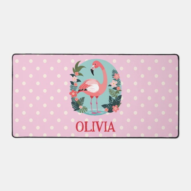 Niedlicher Cartoon Rosa Flamingo mit Polka Docks Schreibtischunterlage (Vorderseite)