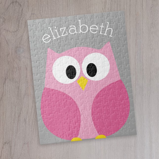 Niedlicher Cartoon - Rosa und Grau Individuelle Na Puzzle (Cute whimsical owl personalized puzzle)
