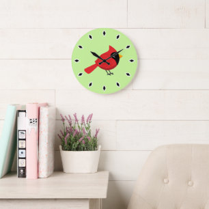 Niedlicher Cartoon Roter Kardinal mit Blume Große Wanduhr