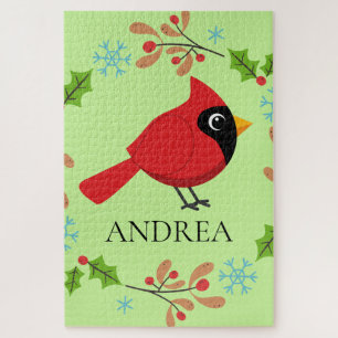 Niedlicher Cartoon Roter Kardinal mit Blume Puzzle