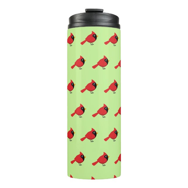 Niedlicher Cartoon Roter Kardinal mit Blume Thermosbecher (Vorderseite)