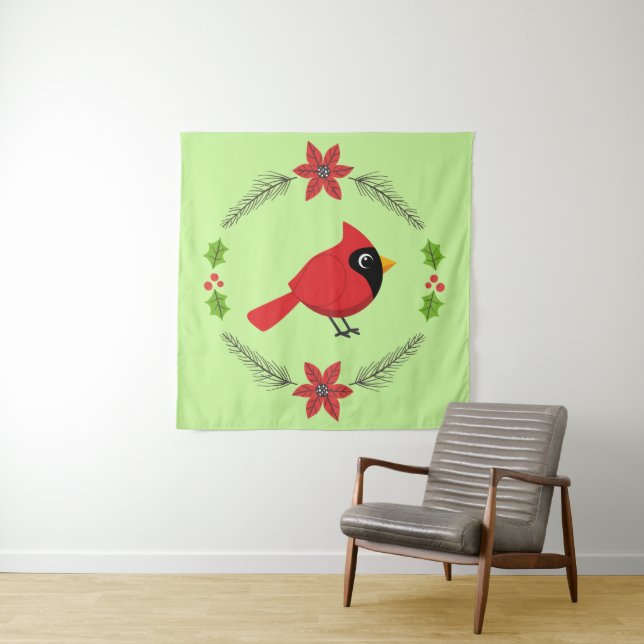 Niedlicher Cartoon Roter Kardinal mit Blume Wandteppich (Beispiel)