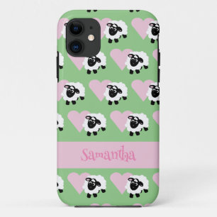 Niedlicher Cartoon Schafe Rosa Herzmuster Grün Case-Mate iPhone Hülle