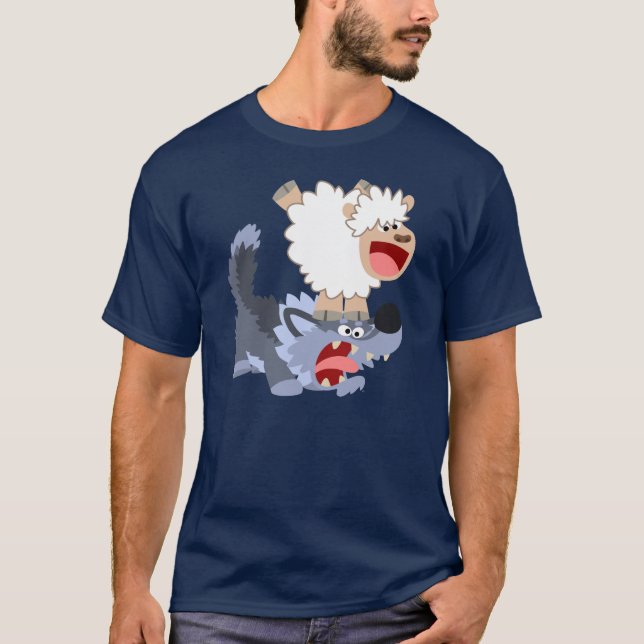 Niedlicher Cartoon Schafe spielen mit Wolf T - Shi T-Shirt (Vorderseite)
