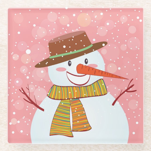 Niedlicher Cartoon Schneemann im Winter Schneefall Glasuntersetzer (Vorderseite)