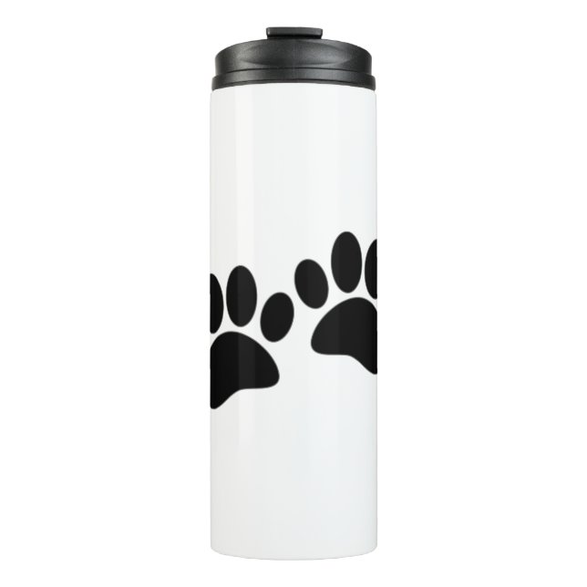 Niedlicher Cartoon Schwarze Welpe Paw Prints Thermosbecher (Vorderseite)