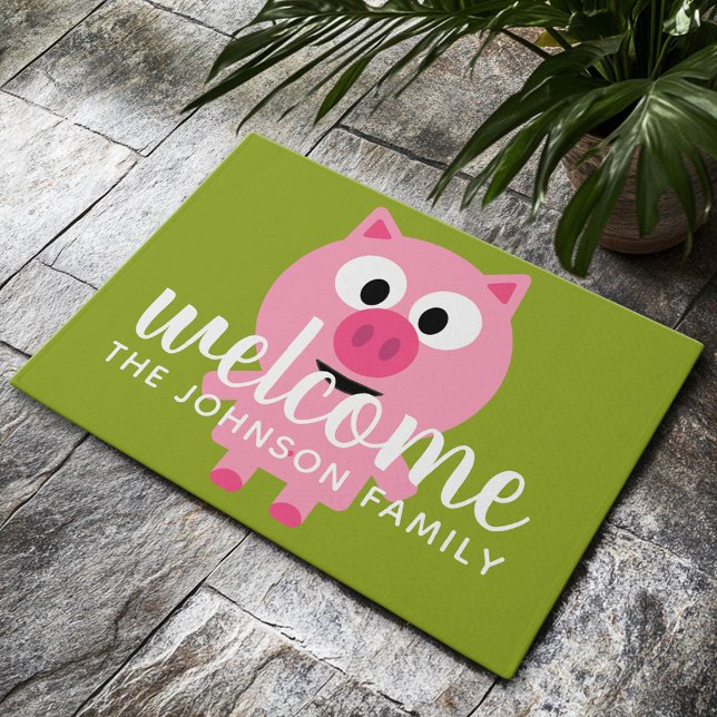 Niedlicher Cartoon Schweinefleisch - Rosa und Kalk Fußmatte (Custom Welcome Mat)