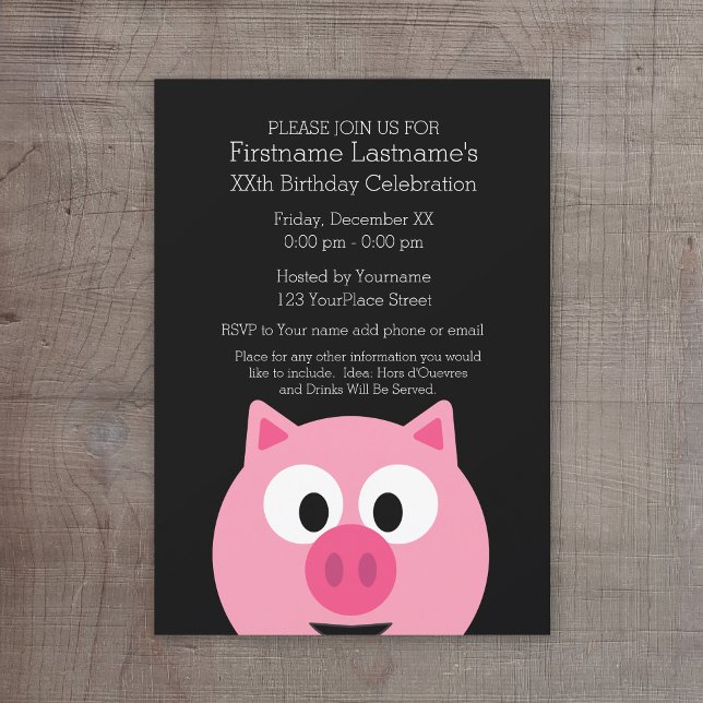 Niedlicher Cartoon Schweinefleisch - rosa und schw Einladung (Cute Birthday Party Invitation - cartoon pig)