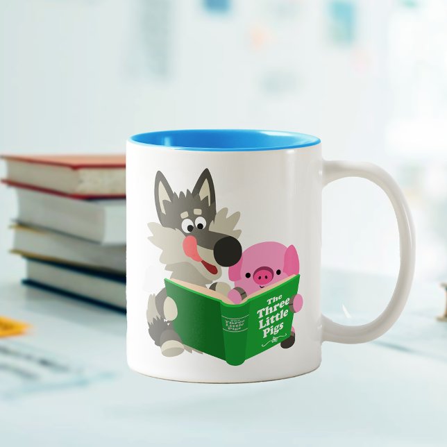 Niedlicher Cartoon Schweinefleisch und Wolf Lesen  Zweifarbige Tasse (Von Creator hochgeladen)