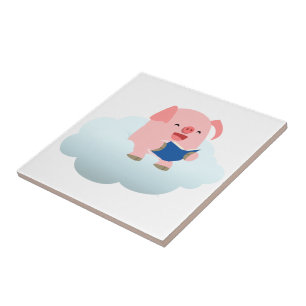 Niedlicher Cartoon-Schweineführer auf Cloud-Tile Fliese
