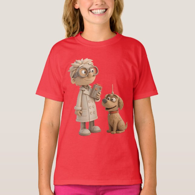 Niedlicher Cartoon Scientist und Hund - Geeky 3D S T-Shirt (Vorderseite)