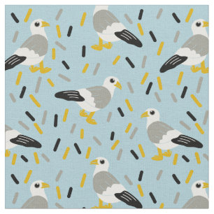 Niedlicher Cartoon Seagulls Light Blue, White, Gra Stoff